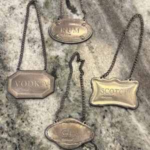 Pottery Barn Silver Vintage Liquor Bottle Decanter Tags Set